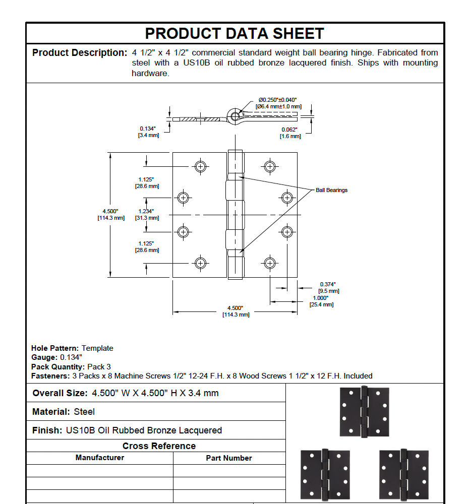 Commercial grade hinges (Box of 3)